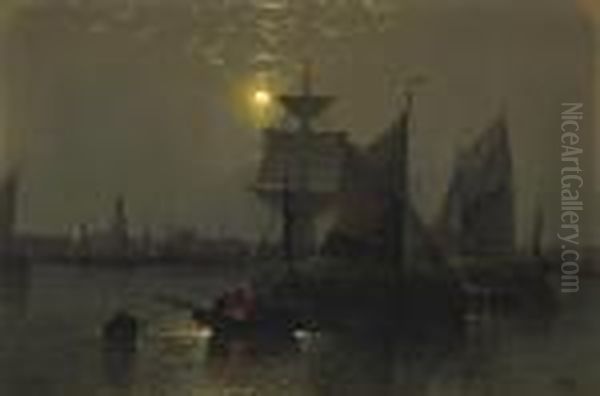 Sailing Vessels In A Moonlit Harbor With Fishermen And Their Boats In The Foreground Oil Painting by Abraham Hulk Jun.