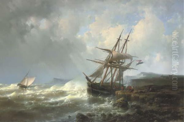 Mooring The Three-master In A Stiff Breeze Oil Painting by Abraham Hulk Jun.