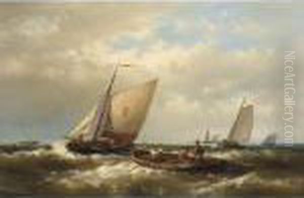 Fishing Boats In Choppy Seas Oil Painting by Abraham Hulk Jun.