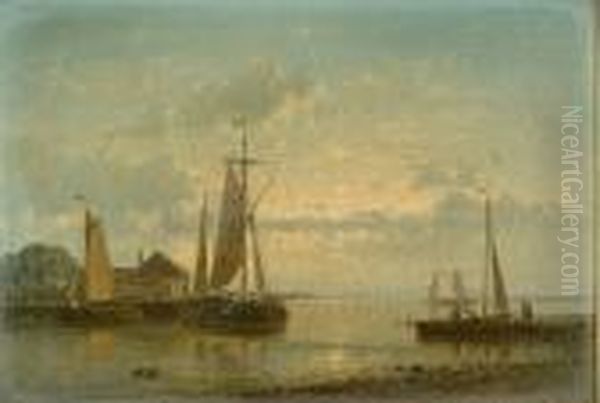 Moored Fishing Boats On A Calm; Putting Out On A Breezy Day Oil Painting by Abraham Hulk Jun.