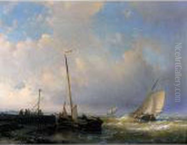 Dutch Yachts Sailing Close To A Pier Oil Painting by Abraham Hulk Jun.