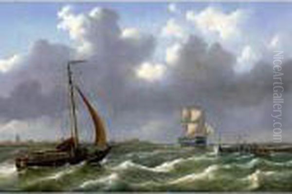 Dutch Ships Sailing In Rough Waters Oil Painting by Abraham Hulk Jun.