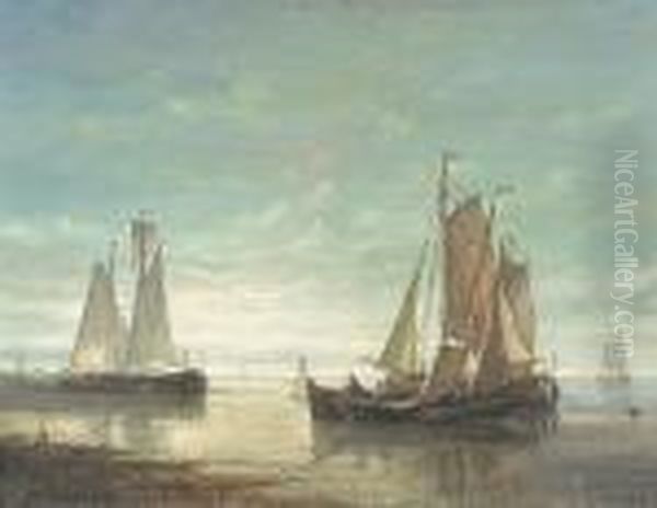 Fishing Boats In An Estuary Oil Painting by Abraham Hulk Jun.