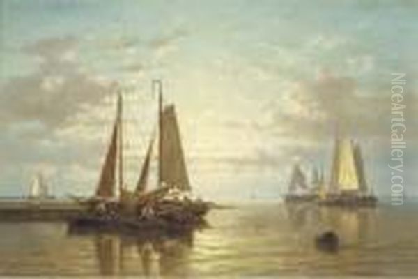 A Calm: Sailing Vessels In An Estuary At Dusk Oil Painting by Abraham Hulk Jun.