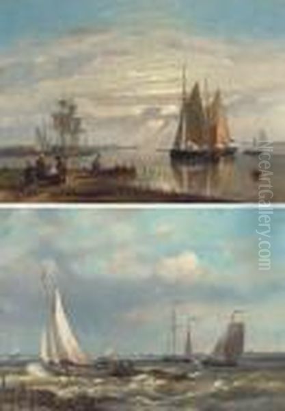 Barges In A Stiff Breeze; And Barges In A Calm Oil Painting by Abraham Hulk Jun.