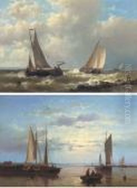 Fishing Boats On The Scheldt; And Fishing Barges In An Onshorebreeze Oil Painting by Abraham Hulk Jun.