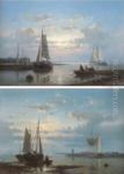 Fishing Boats On An Estuary; And Fishing Boats In A Calm Oil Painting by Abraham Hulk Jun.