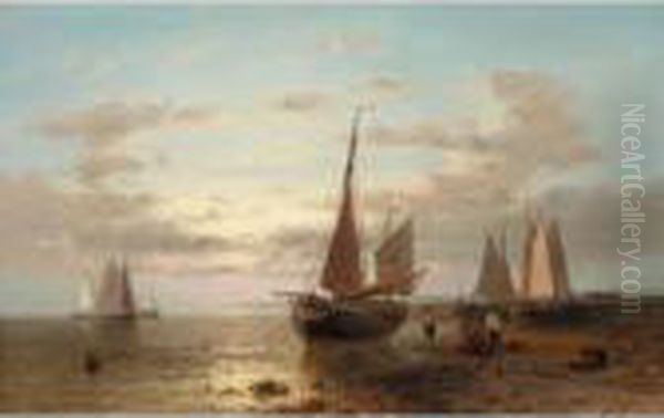 Fisherman And Their Boats At Evening, Other Boats Offshore Oil Painting by Abraham Hulk Jun.