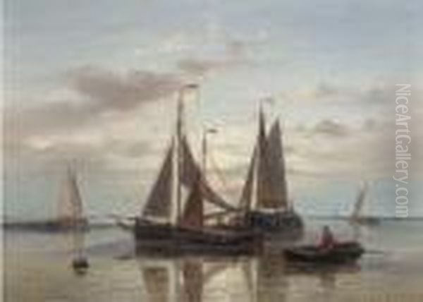 A Stiff Breeze; And Fishing Barges At Dusk Oil Painting by Abraham Hulk Jun.