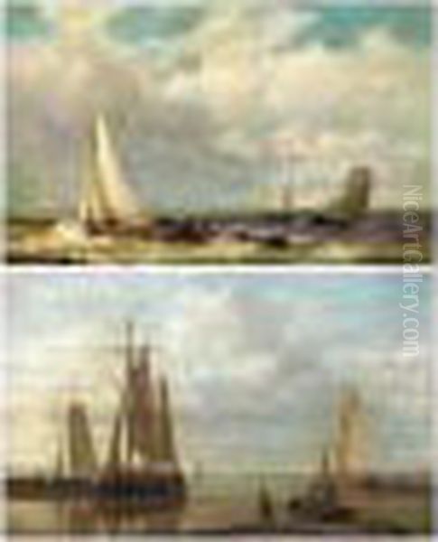 Sail Boats Off The Shore In High Winds; Harbour Scene, Evening Oil Painting by Abraham Hulk Jun.