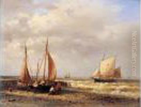 < Bateaux De Peche A Maree Basse >. Oil Painting by Abraham Hulk Jun.