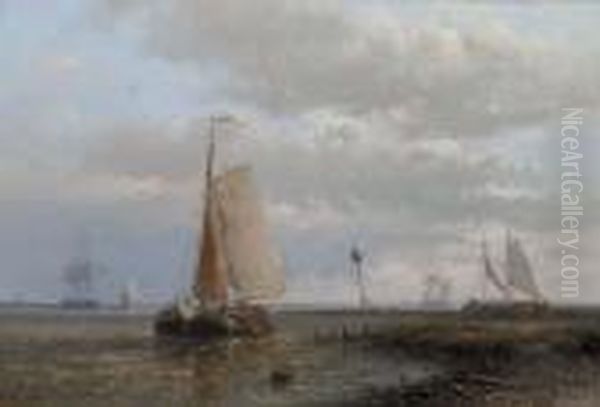 Sailingbarges In An Estuary Oil Painting by Abraham Hulk Jun.