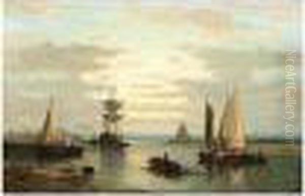 Sailing Vessels In A River Oil Painting by Abraham Hulk Jun.