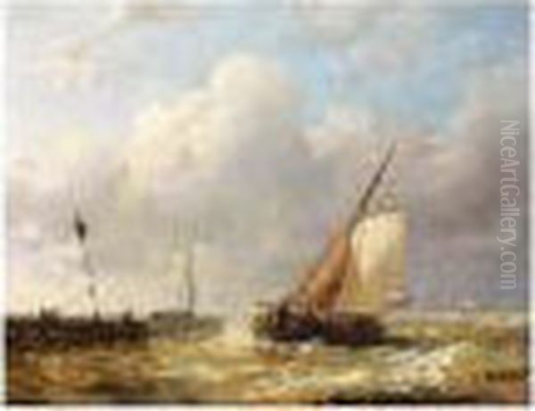 Sailingvessels In Choppy Waters Oil Painting by Abraham Hulk Jun.