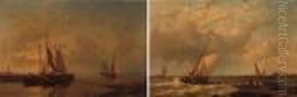 Ships In A Calm At Sunset; A Sailing Vessel On A River Estuary Oil Painting by Abraham Hulk Jun.