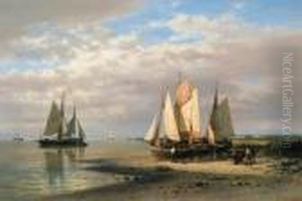 Shipping At Low Tide In A Calm Estuary Oil Painting by Abraham Hulk Jun.