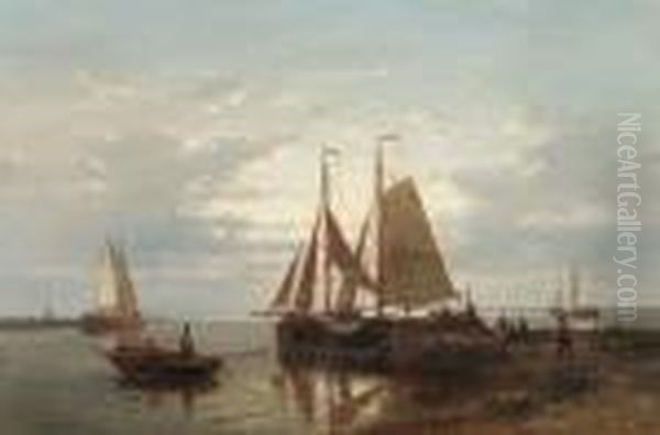 Moored Fishing Boats In A Calm With Fishing-folk On A Jetty Oil Painting by Abraham Hulk Jun.