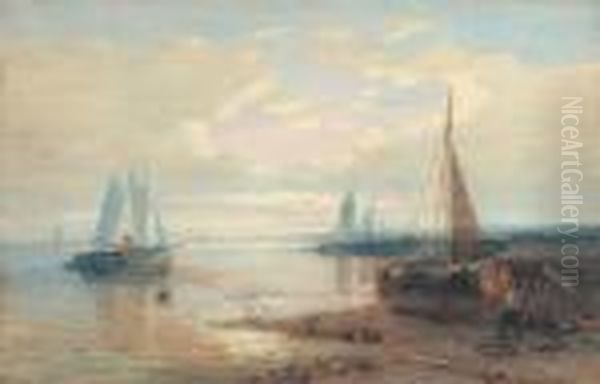 A Calm: A Coastal Landscape With Moored Sailing Barges Oil Painting by Abraham Hulk Jun.