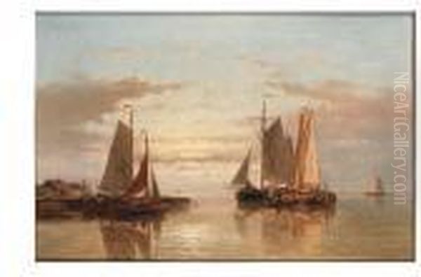 An Estuary At Dawn With Sailingvessels At Anchor Oil Painting by Abraham Hulk Jun.