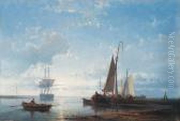 Fishing Vessels In A Calm Estuary At Dusk Oil Painting by Abraham Hulk Jun.