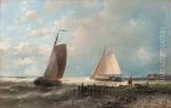 Shipping In A Choppy Estuary; And In A Calm Oil Painting by Abraham Hulk Jun.