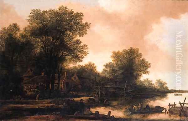 A hamlet in a wood by a river with fishermen in a rowing boat by a footbridge Oil Painting by Pieter Molijn