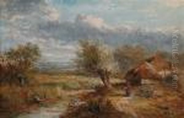 Summer Landscape With Farm Cottages By A Stream Oil Painting by Abraham Hulk Jun.