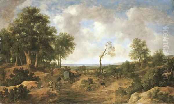 A wooded landscape with travellers in wagons on a road Oil Painting by Pieter Molijn