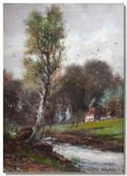 Andscape Scene With Stream In The Foreground And Winter Scene Oil Painting by Abraham Hulk Jun.