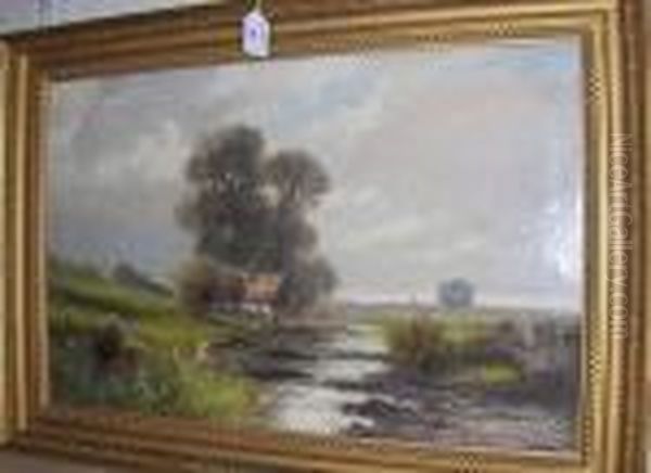 Cottage By A River In An Extensive Landscape,signed Oil Painting by Abraham Hulk Jun.