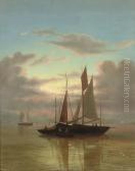 Fishing Boats Drying Their Sails At Dusk Oil Painting by Abraham Hulk Jun.