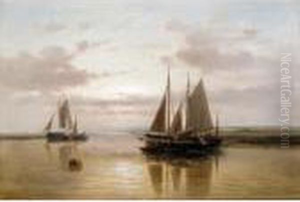 Shipping In A Calm At Sunset Oil Painting by Abraham Hulk Jun.