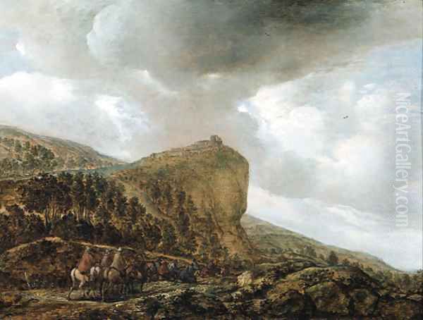 Travellers on a path by a cliff in a landscape Oil Painting by Pieter Molijn