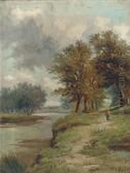 A Country Walk Along A River Bank Oil Painting by Abraham Hulk Jun.