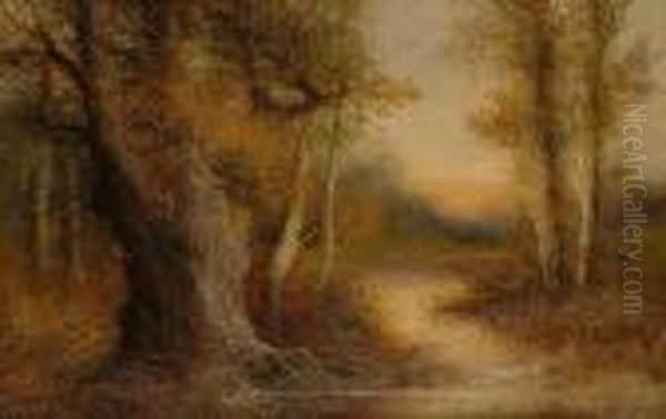 Wooded Riverbank Oil Painting by Abraham Hulk Jun.