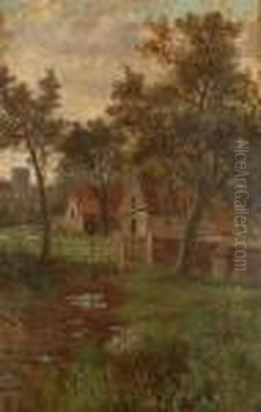 View Of A Farmstead; River Landscape Oil Painting by Abraham Hulk Jun.