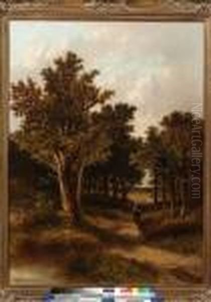 A Wooded Landscape With A Faggot Gatherer On A Sandy Track Oil Painting by Abraham Hulk Jun.