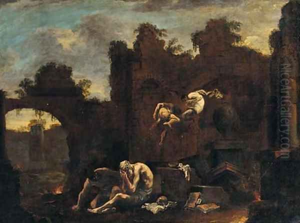 A capriccio of ruins with Saint Antohny tormented by demons Oil Painting by Alessandro Magnasco