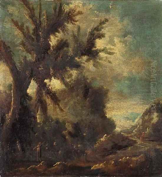 A river landscape with figures in the foreground Oil Painting by Alessandro Magnasco