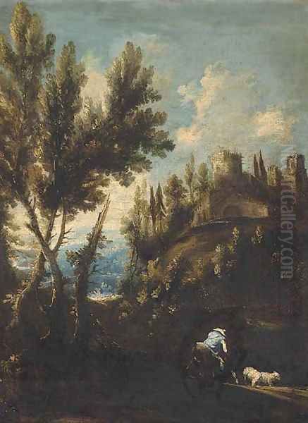 A landscape with cattle and a mounted shepherd with his flock Oil Painting by Alessandro Magnasco