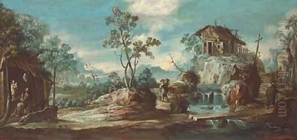 A river landscape with a hermit monk and travellers Oil Painting by Alessandro Magnasco