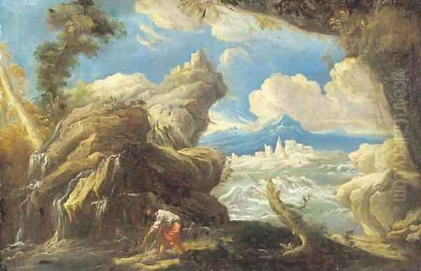 A rocky landscape with a fisherman by a waterfall, a lake and town beyond Oil Painting by Alessandro Magnasco