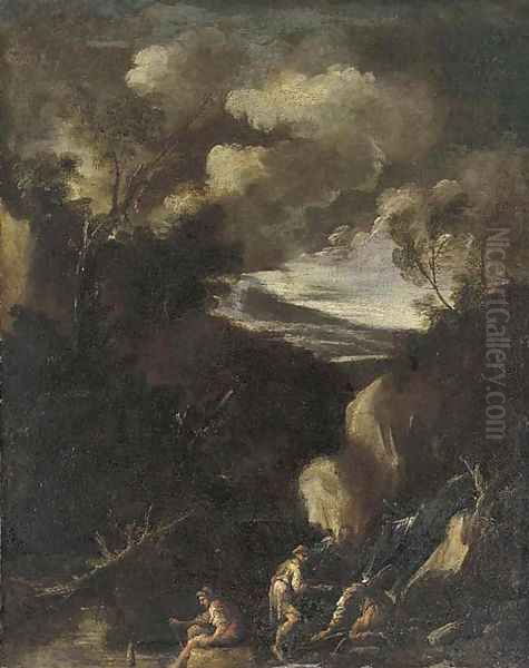 A wooded landscape with figures seated by a waterfall Oil Painting by Alessandro Magnasco