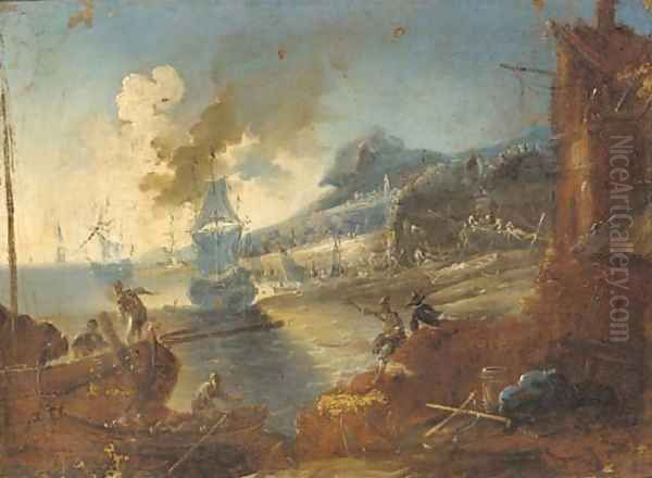 A Mediterranean harbour with a man-o'-war and stevedores on the shore Oil Painting by Alessandro Magnasco