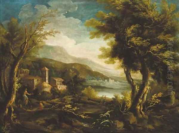 A mountainous Italianate landscape with figures and a donkey before a church Oil Painting by Alessandro Magnasco