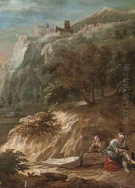 A mountainous landscape with a couple beneath a hilltop town Oil Painting by Alessandro Magnasco