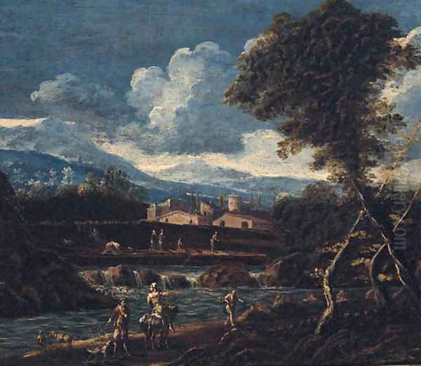 A river landscape with peasants on a track, a village and mountains beyond Oil Painting by Alessandro Magnasco