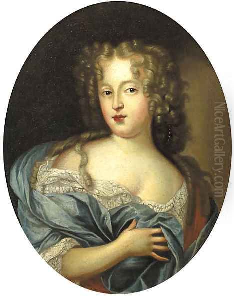 Portrait of a lady, wearing a blue dress with lace chemise and wrap Oil Painting by Paul Mignard