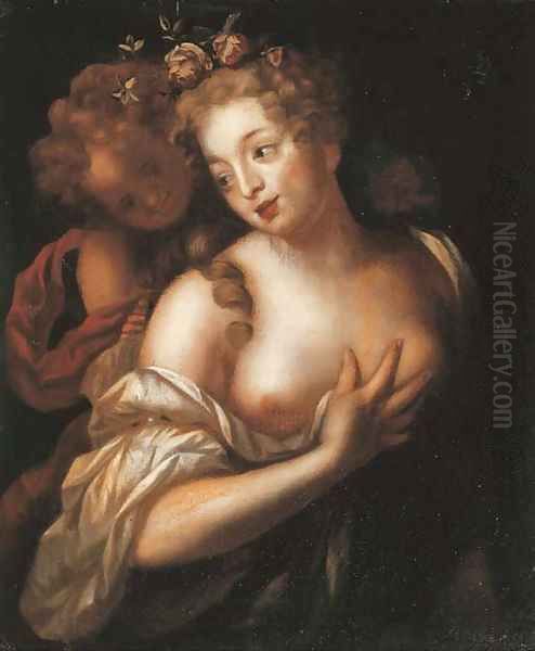 Portrait of a lady as Flora, with Cupid nearby Oil Painting by Paul Mignard