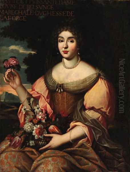 Portrait of Louise de Belsunce, Duchess de la Force, seated three-quarter-length, in a gold embroidered dress, holding a basket of flowers Oil Painting by Paul Mignard